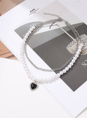 极速Thick Chain Necklaceu Black peach heart clavicle chain锁