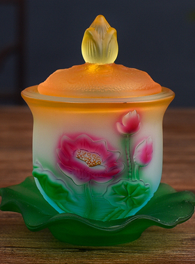 新品琉璃供水杯家用佛前供奉观音仙家莲花圣水杯净V水杯贡水杯佛