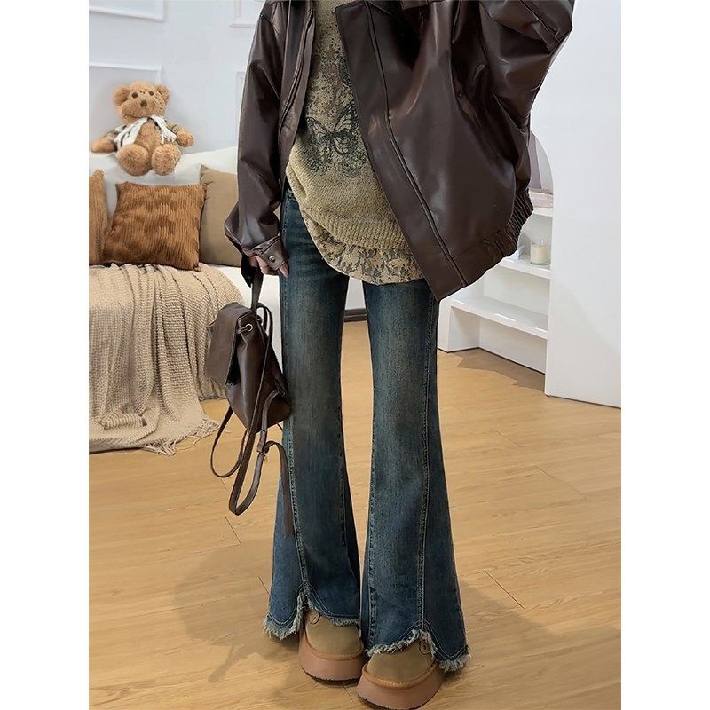 美式微喇开叉牛仔裤女秋冬加绒胖妹妹mm梨形身材高腰弹.力显瘦长,淘宝优惠券,粉丝福利购,淘宝优惠卷