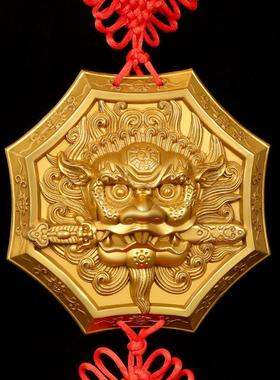 纯黄铜狮咬剑摆件全铜瑞狮咬剑狮子头虎头牌睚眦家居客厅门头挂件
