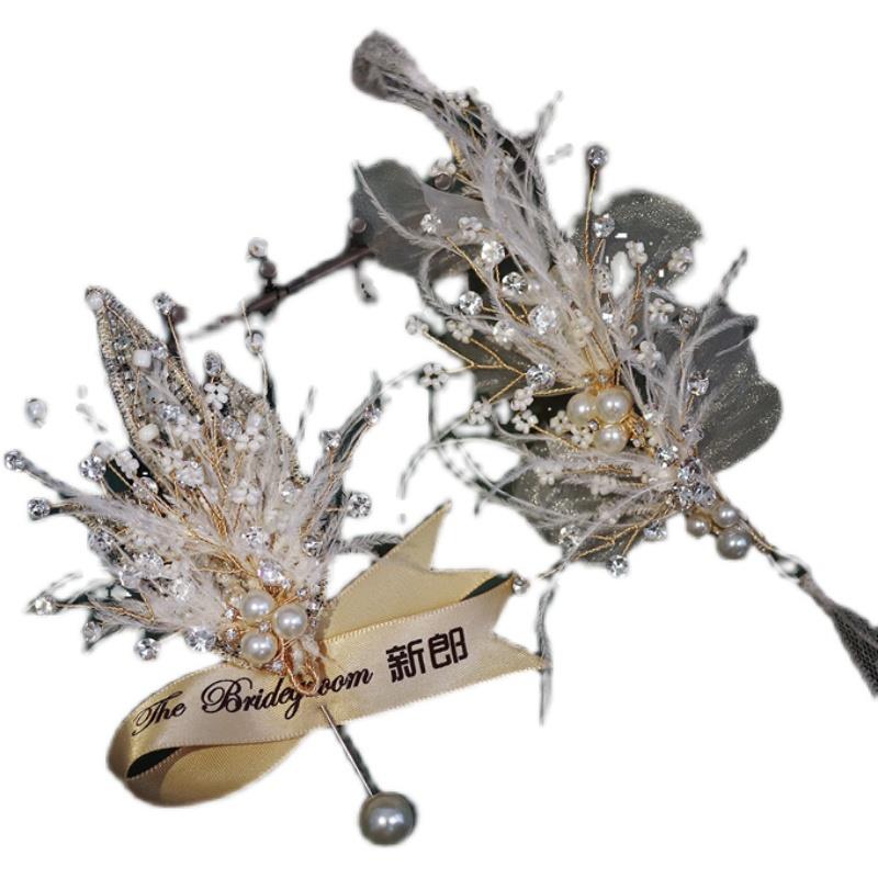 超仙美胸花新郎新娘手腕花伴娘伴郎羽毛刺绣胸针礼服婚纱饰品头饰 - 图3