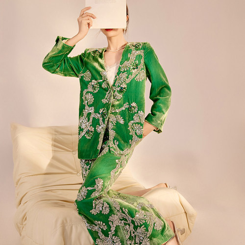 国风秋冬高端重工钉珠亮片新中式桑蚕丝气质外套半裙套装女 N1025 - 图3