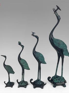 青铜摆件铜鹤仙鹤摆件纯铜灵芝鹤龟鹤延年客厅古玩古董仿古青铜器