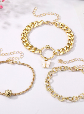 欧美跨境新品叠戴个性街拍爱心手链四件套夸张螺纹链条合金手镯女