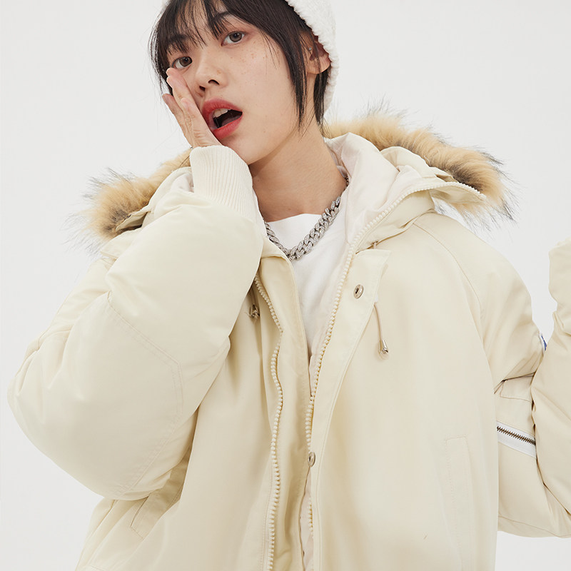 美式复古冬季加厚毛领连帽棉袄衣服女