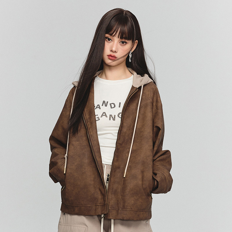 秋季美式上衣假两件扎染皮夹克连帽外套女