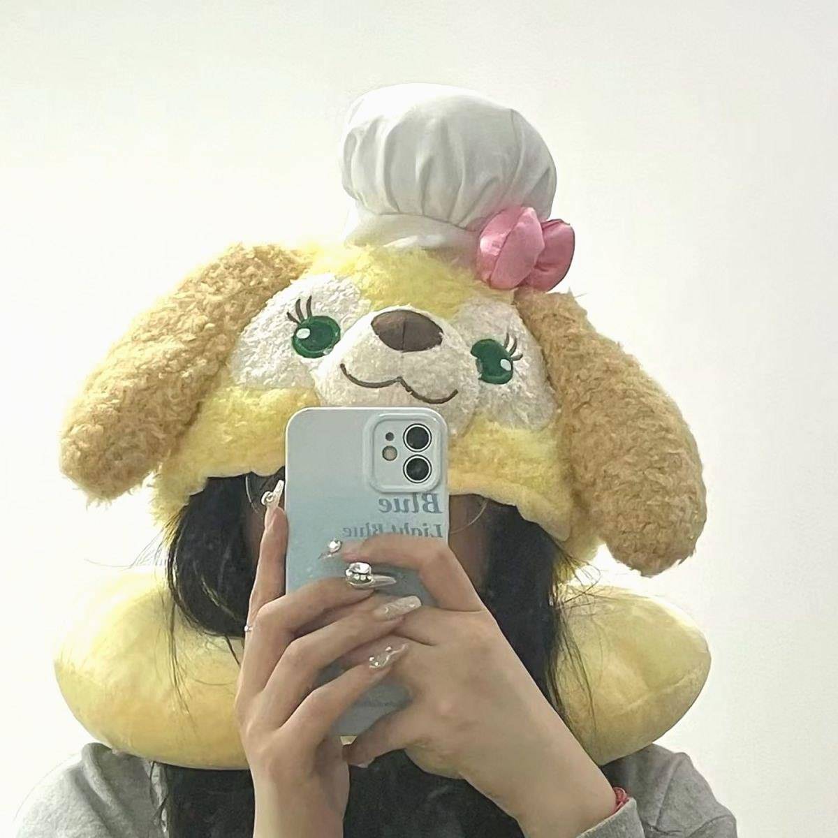 饼饼帽子毛茸厨师狗连帽U型枕护颈枕旅行便携飞机枕带帽女午睡枕 - 图2