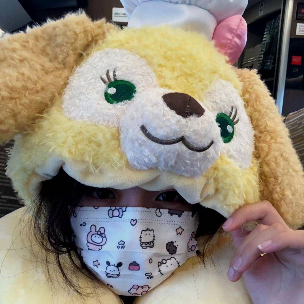 饼饼帽子毛茸厨师狗连帽U型枕护颈枕旅行便携飞机枕带帽女午睡枕 - 图3