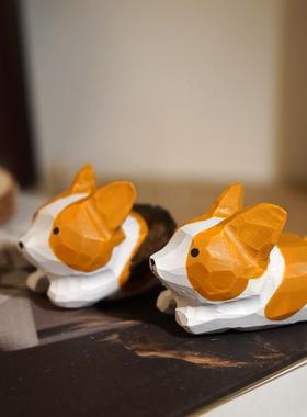 飞天柯基手工木雕小摆件卡通动物工位桌面可爱解压摆放装饰品女生