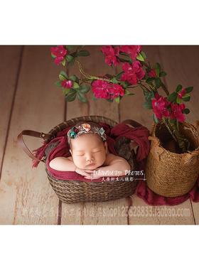 促销新生儿童满月摄影原木中式草编田园风造型道具筐收纳篮脏衣篮