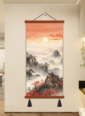 旭日东升玄关背景墙装饰画新中式竖版入户迎门墙挂画大气风景壁画