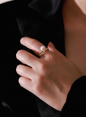 S925纯银双层珍珠戒指可调节