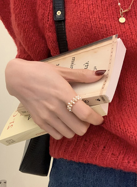 小众设计感滴釉珍珠花朵戒指