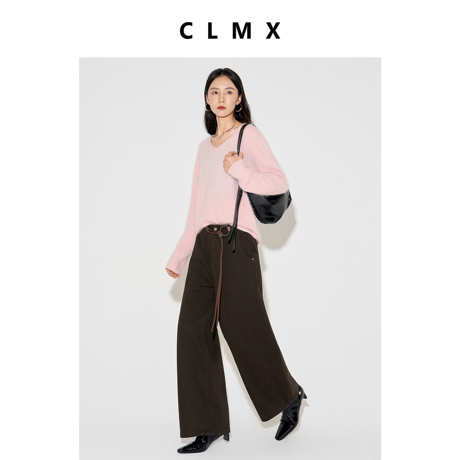 CLMX秋冬纯色通勤拼接阔腿裤棉莱赛尔混纺粗斜纹面料休闲廓形长裤 - 图0