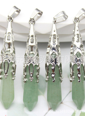 TIKTOK 直播热卖天然石粉晶绿东陵紫晶单尖六棱锥形灵摆吊坠批发