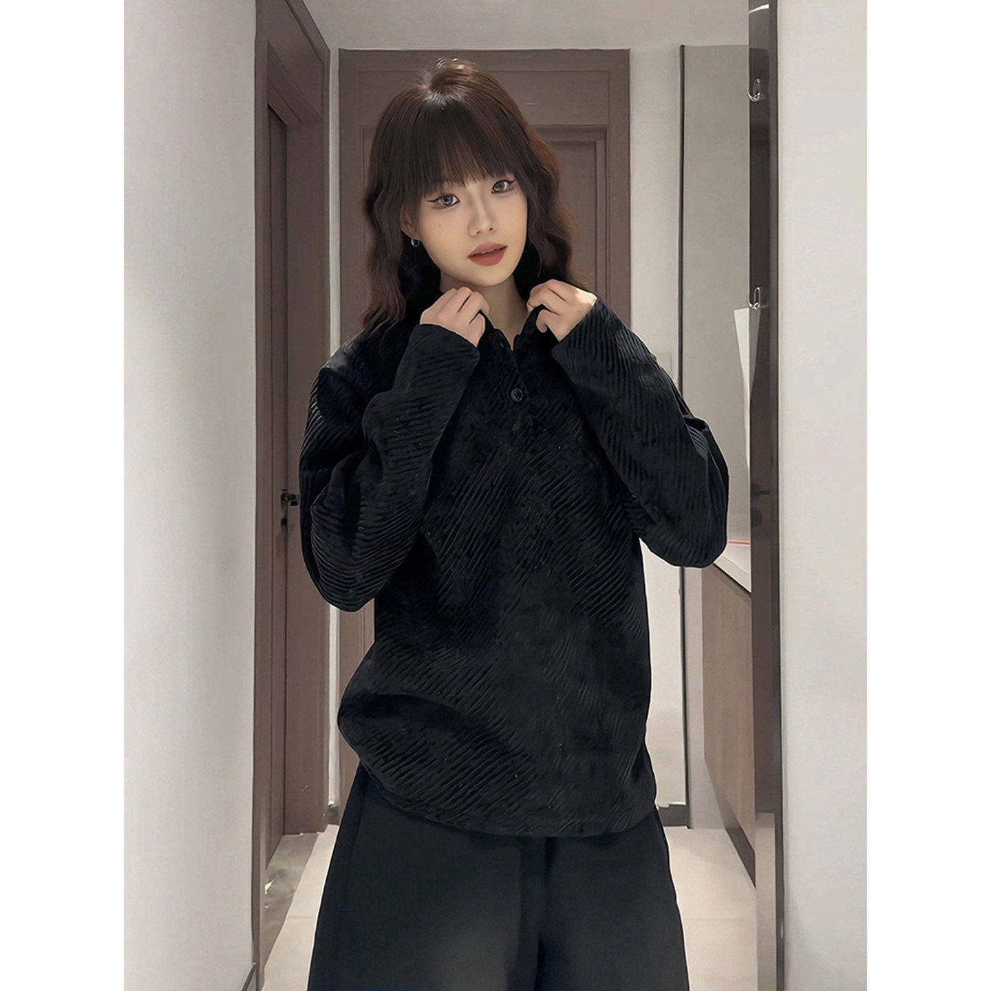 黑色美式雪尼尔卫衣男款冬季重磅加绒polo衫内搭情侣正肩长袖t恤,淘宝优惠券,粉丝福利购,淘宝优惠卷