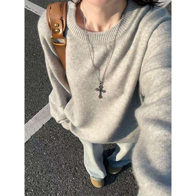 cleanfit灰色圆领毛衣男女秋冬慵懒风长袖针织衫内搭美式复古卫衣,淘宝优惠券,粉丝福利购,淘宝优惠卷