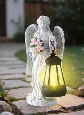 跨境抱花天使女孩户外太阳能花园装饰雕像庭院摆件夜灯树脂工艺品