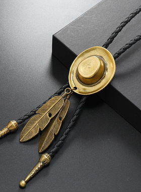 欧美复古简约朋克风西部牛仔帽羽毛合金pu波洛领项链男士长款项链