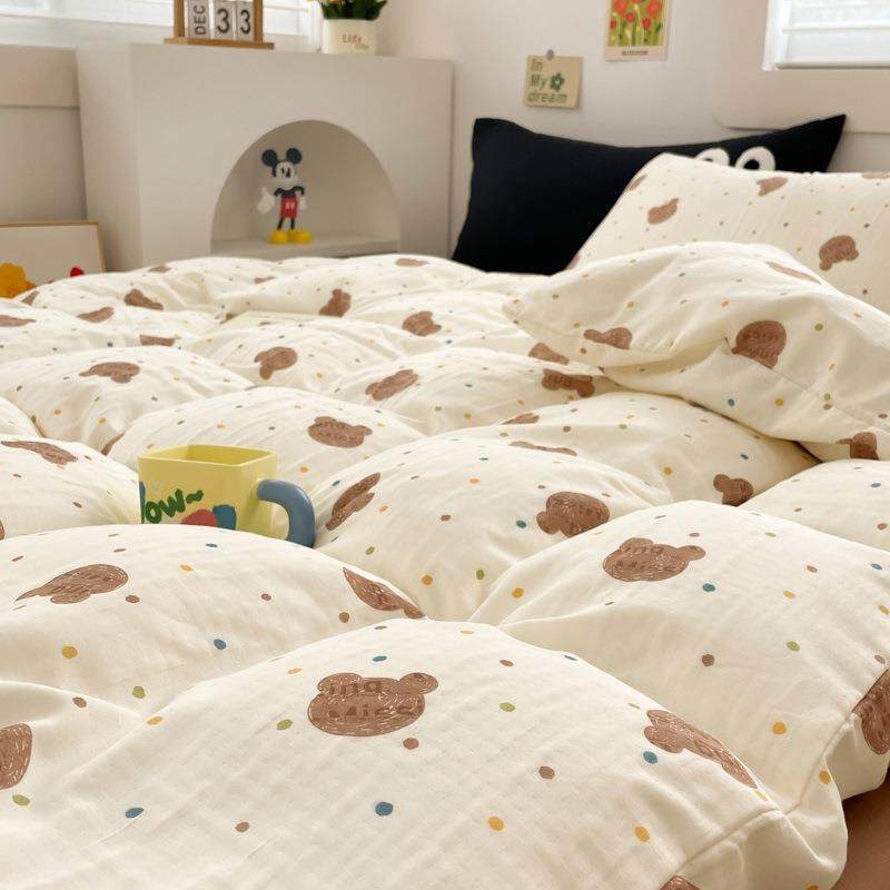 波点熊A类全棉双层纱四件套床单被套单人宿舍三件套小清新床品,淘宝优惠券,粉丝福利购,淘宝优惠卷