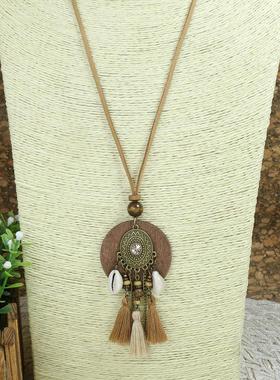 波西米亚项链长款原木流苏设计做旧复古珠宝配饰直销义乌