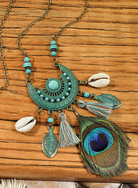 欧美时尚百搭街拍毛衣链 气质孔雀羽毛吊坠长款项链流苏配饰