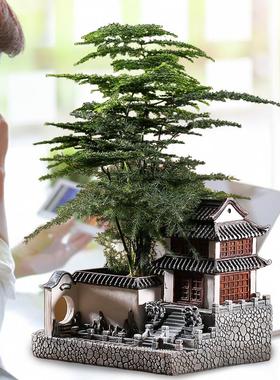 建筑模型摆件树脂微景观造景中式庭院盆景客厅花盆办公室创意房子