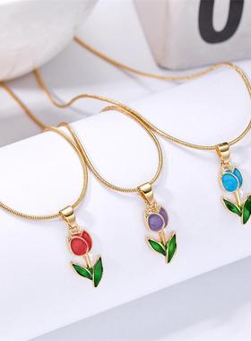 欧美新款高级感浪漫花朵郁金香项链锁骨链时尚小清新滴油项饰