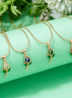 新款优雅郁金香项链手链欧美时尚气质女式花朵镶钻锁骨链