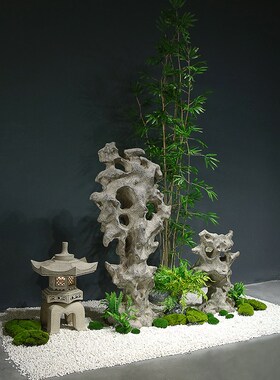中式庭院玄关装饰大型绿植摆件室内微景观仿真太湖石假山造景组合