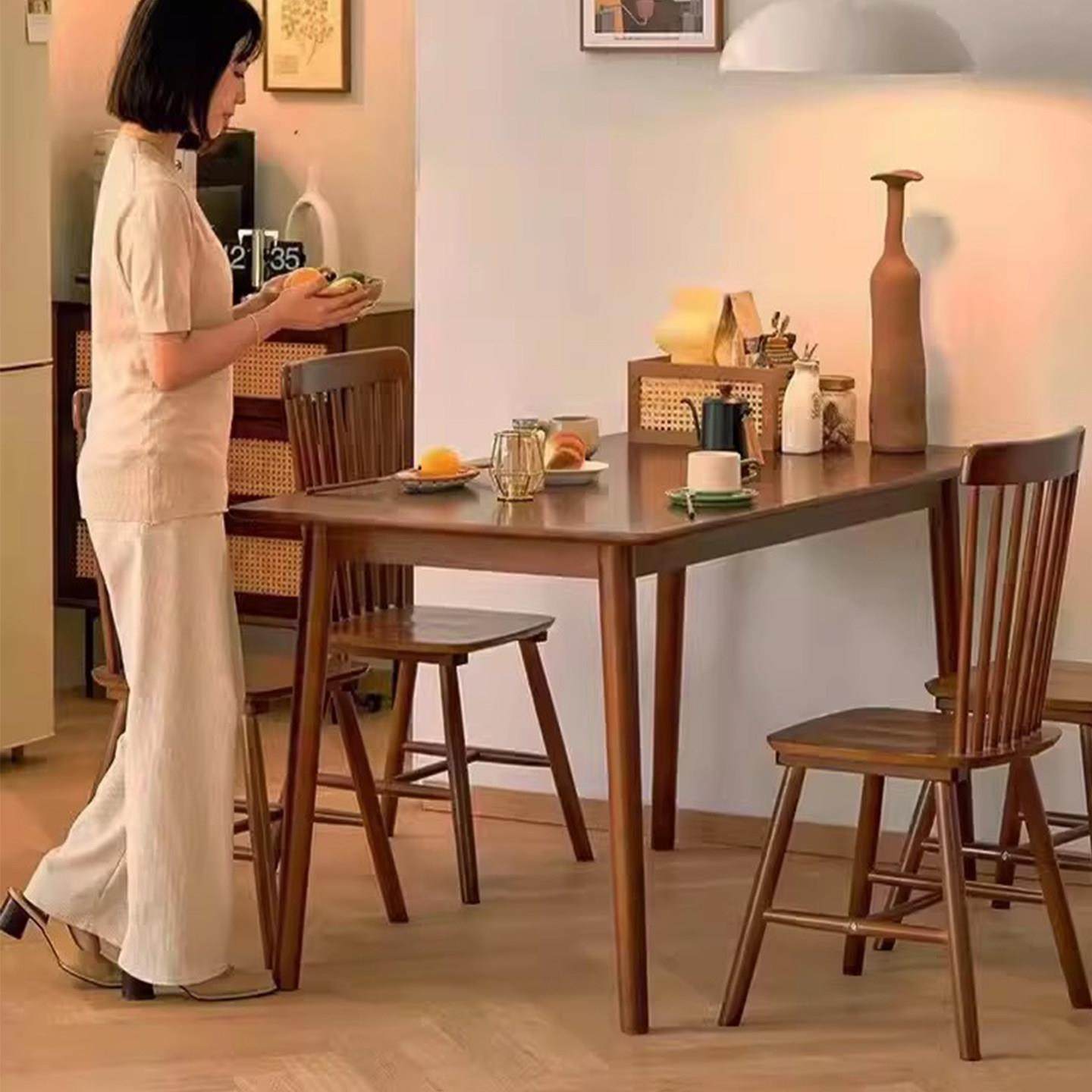 实木餐桌中古风家用小户型长方形胡桃木色餐厅吃饭桌子桌椅组合,淘宝优惠券,粉丝福利购,淘宝优惠卷