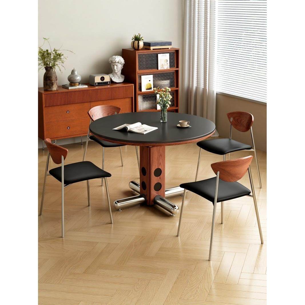 中古岩板餐桌家用小户型实木圆形吃饭桌子覆古包豪斯咖啡厅餐桌椅,淘宝优惠券,粉丝福利购,淘宝优惠卷