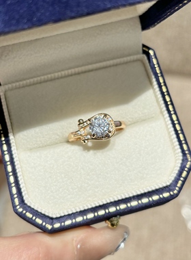 高定轻奢爆款人工培育马蹄款戒指女款香槟金色莫桑仿真钻戒指11