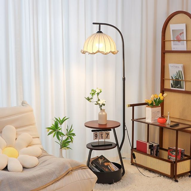 French mid-century style floor lamp living room sofa next to bedroom atmosphere retro shelf bedside counter lamp integrated