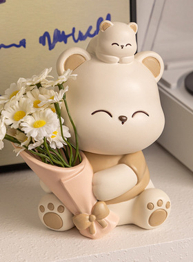 奶油风亲子熊捧花家居树脂摆件