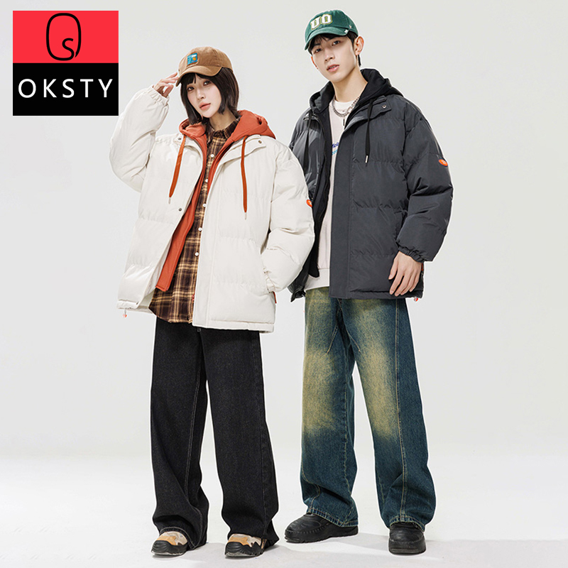 oksty棉衣男款秋冬季假两件连帽棉袄情侣面包服青少年棉服外套女