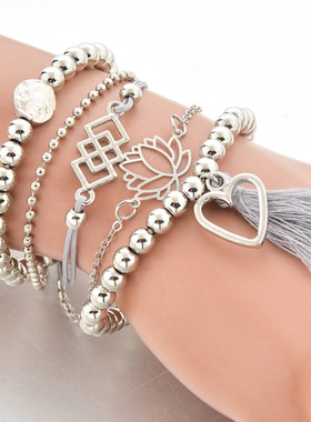 直销 欧美创意新款复古镂空爱心流苏莲花串珠套装手链
