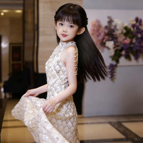 主持人女童礼服鱼尾公主裙绝美高端轻奢小众儿童钢琴演出服高级感 - 图0