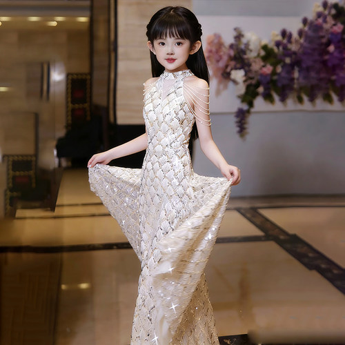主持人女童礼服鱼尾公主裙绝美高端轻奢小众儿童钢琴演出服高级感 - 图2