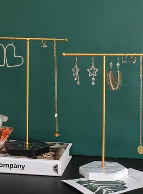 大理石纹木制底首饰架带洞T形耳环饰品架子柜台挂件首饰展示架