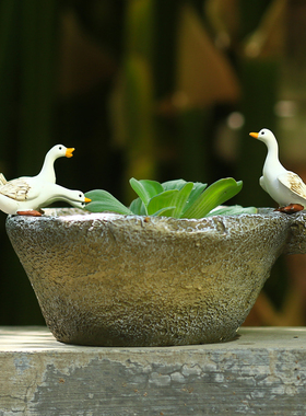 创意铜钱草水培植物花盆石臼可爱小白鸭子摆件花园庭院茶桌装