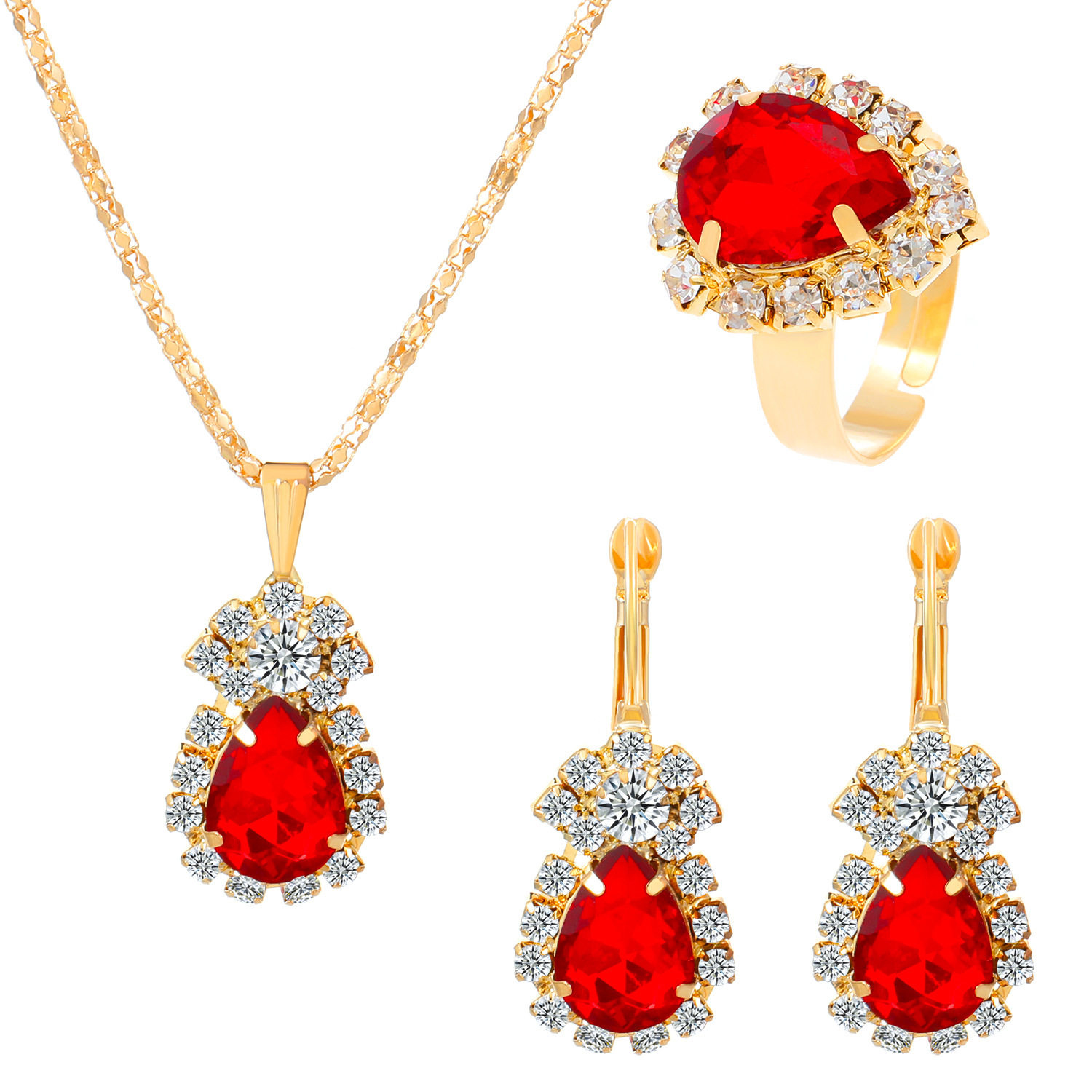 European and American new style water drop love rhinestone set necklace earrings ring bridal jewelry three-piece set direct sale