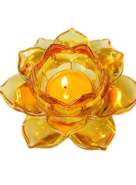 强记佛具用品佛堂摆件琥珀色水晶莲花酥油灯座蜡烛台