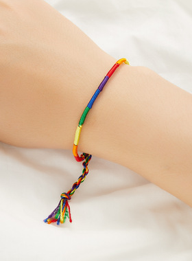 热销七彩色 纯手工编可调节织彩虹手绳尼泊尔友谊七彩手链