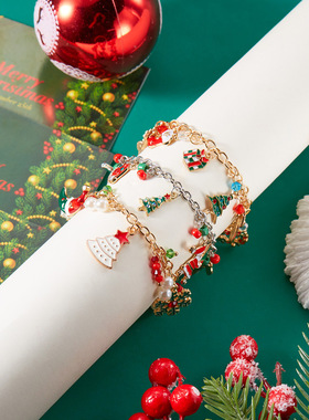 欧美圣诞新款手链女创意卡通圣诞老人麋鹿圣诞树吊坠链条手链