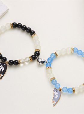 新款创意两条装爱心磁吸扣慵懒猫咪吊坠串珠手链时尚情侣手链