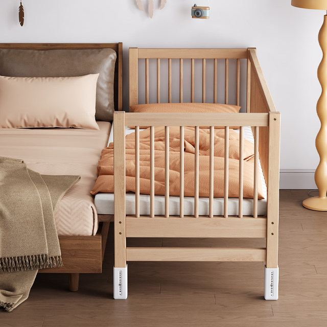 Children's splicing bed adjustable height and height solid wood baby widening bed with guardrail lift baby side bed single bed beech