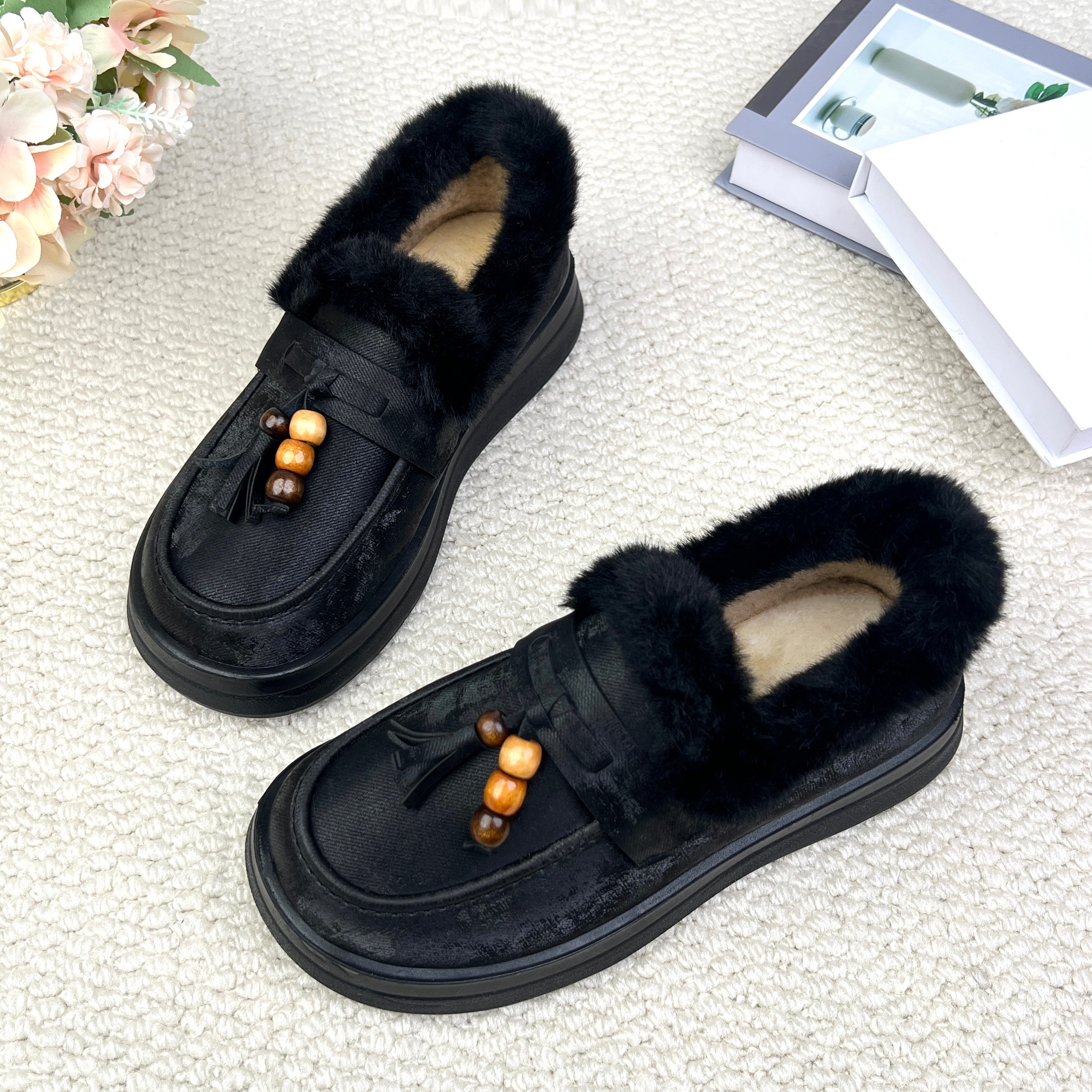 冬季新款加绒保暖女乐福鞋一脚蹬软底防滑休闲妈妈鞋平底百搭棉鞋,淘宝优惠券,粉丝福利购,淘宝优惠卷