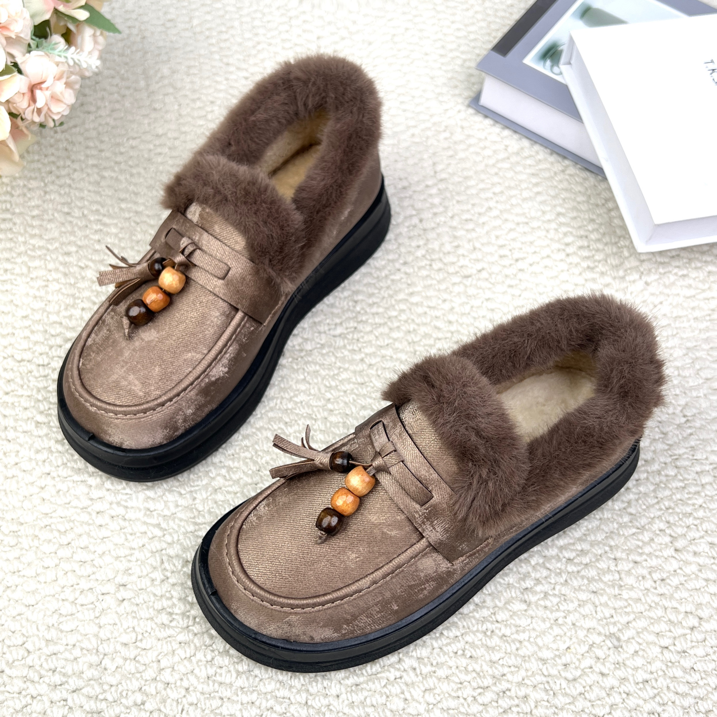 冬季新款加绒保暖女乐福鞋一脚蹬软底防滑休闲妈妈鞋平底百搭棉鞋,淘宝优惠券,粉丝福利购,淘宝优惠卷