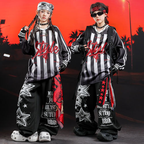 街舞儿童潮服嘻哈男童炫酷条纹星星舞蹈服套装女童hiphop演出服男 - 图2